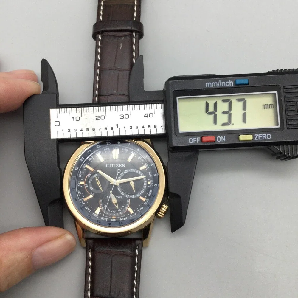 Citizen Eco-Drive Mens Watch 44mm Black Dial Gold Tone Brown Leather World Time
